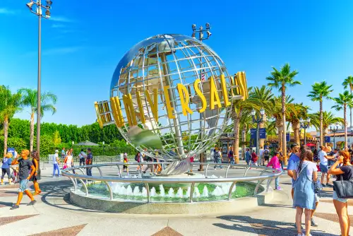 World famous park Universal Studios in Hollywood. Ball with the inscription at the entrance to the park